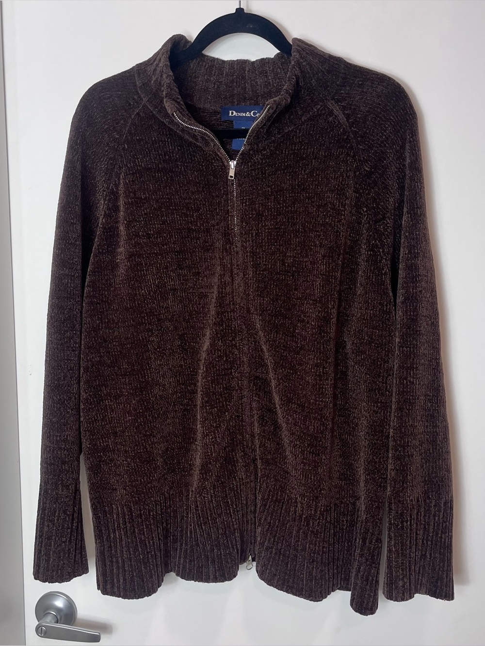 Denim & Co. Chenille Brown Full-Zip Sweater Jacket 1X Y2K Cozy Acrylic